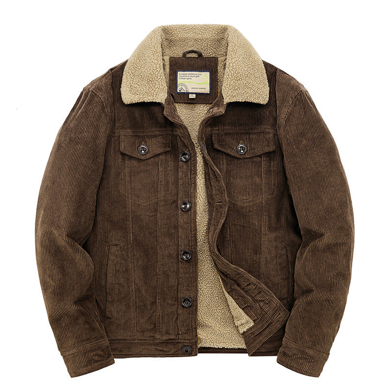 Men's cord worker jacket with continuous teddy lining, shirt collar, and chest pocket Chichicherry