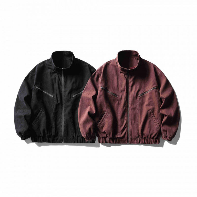 Unisex Boxy Zip Blouson Jacket made of Canvas with Stand-Up Collar, Asymmetrical Zipper Pockets and Elastic Hem Chichicherry