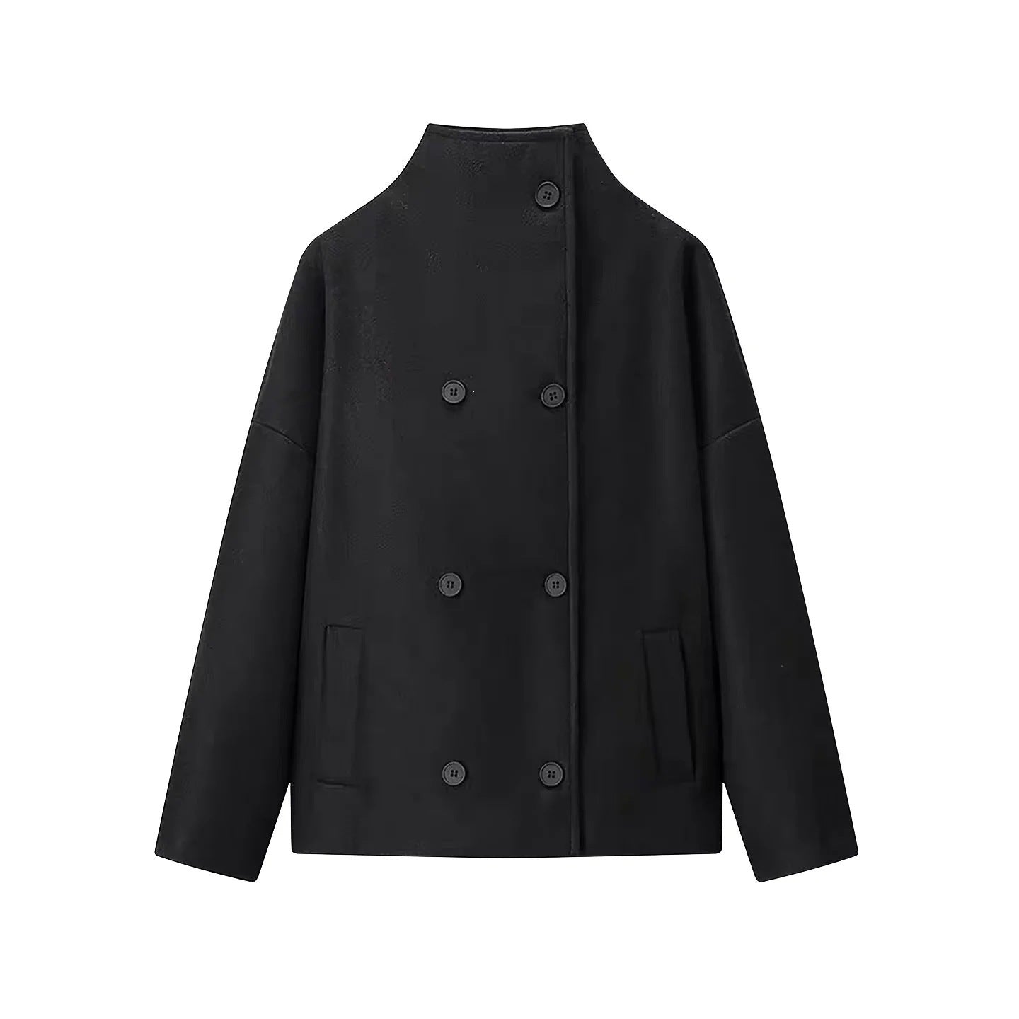 Women's Short Cut Boxy Wool Blend Coat with Stand-Up Collar and Concealed Double Button Placket Chichicherry
