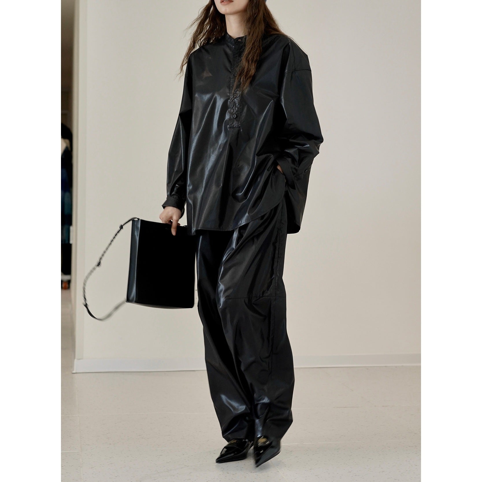 Women Wide Faux Leather Palazzo Pants with High Waist Chichicherry
