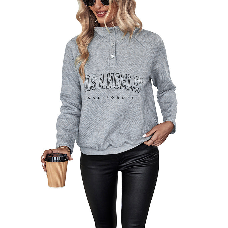 Ladies Quilted Sweatshirt with Stand-up Collar, Snap Button Placket and College Print Chichicherry