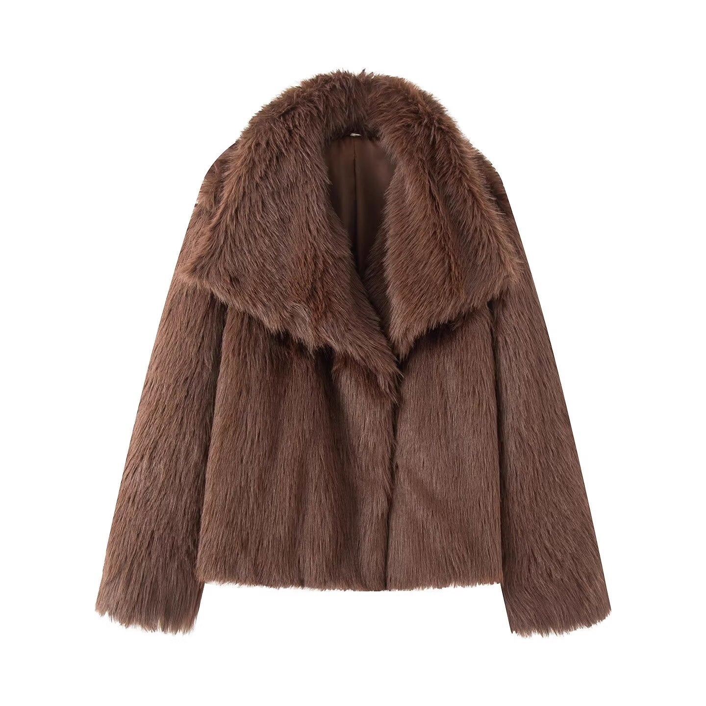 Women's Short Boxy Faux Fur Coat with Generous Shawl Collar and Soft Lining Chichicherry