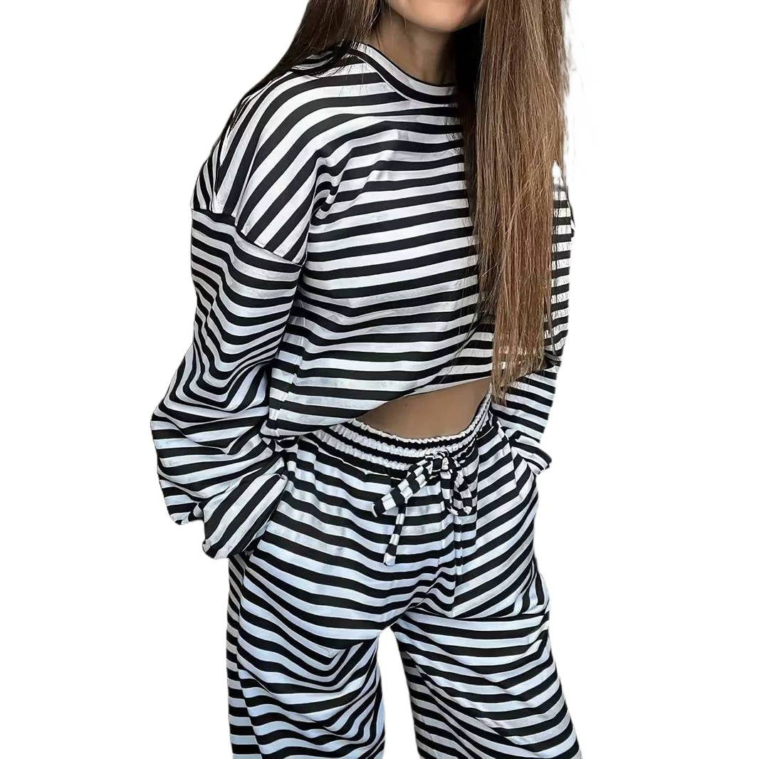 Women's Striped Loungewear Set with Oversized Sweatshirt and Elasticated Drawstring Pants Chichicherry