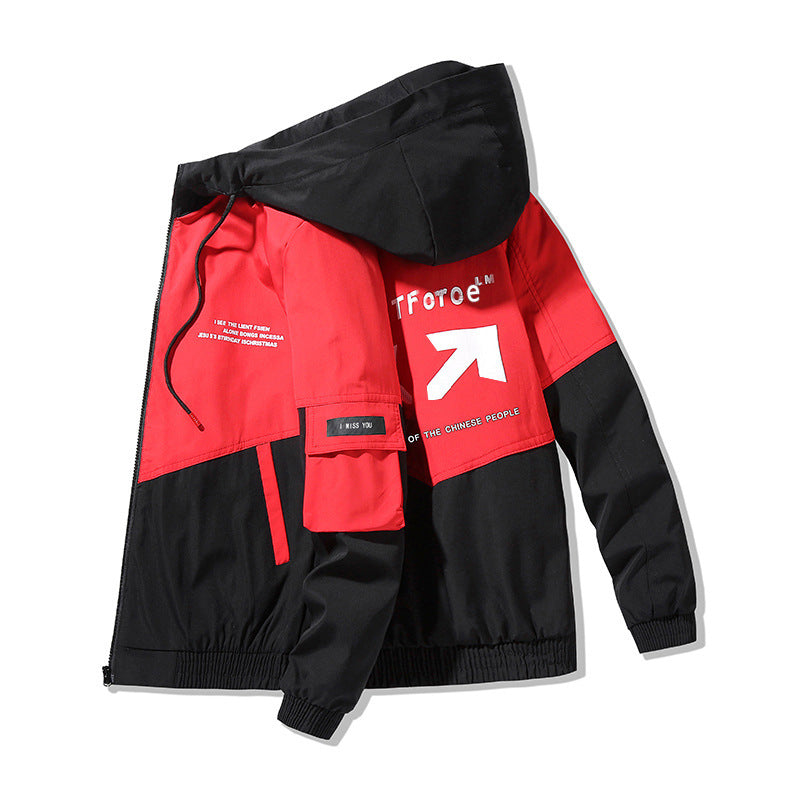 Men's Colorblock Hooded Utility Jacket with Print Details and Tactical Pockets Chichicherry