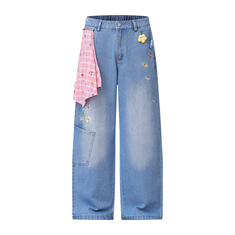 Ladies Wide High-Waist Denim Palazzo Jeans with Floral Embroidery, Cargo Pocket and Scarf Detail Chichicherry