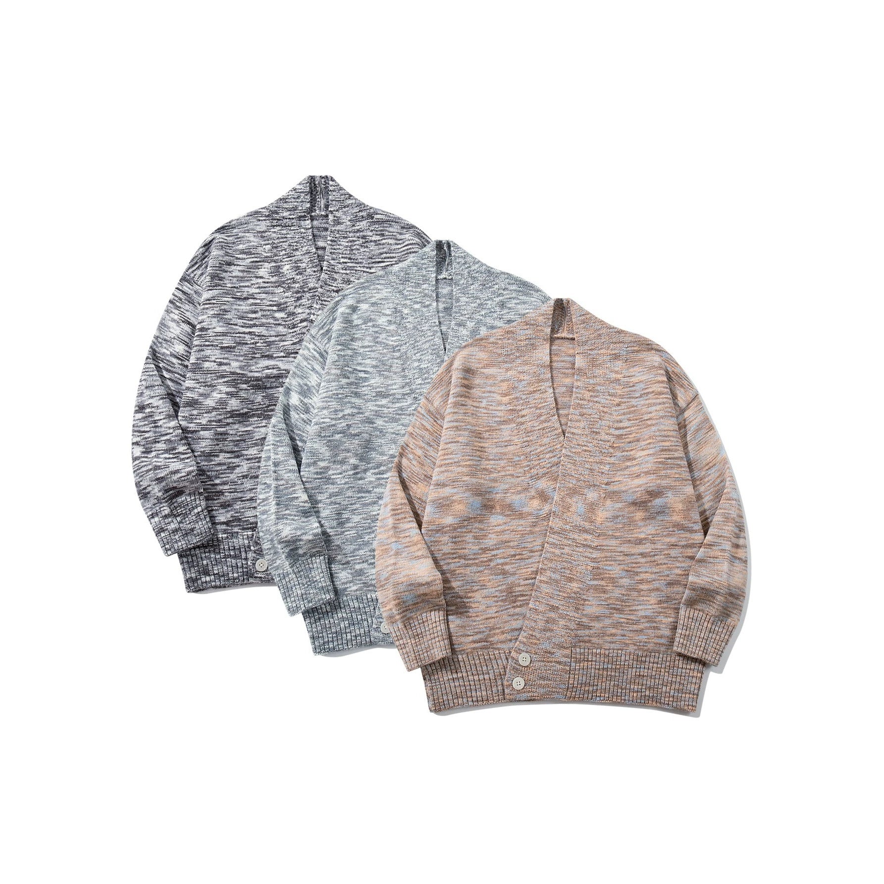 Women Oversize Knit Cardigan with Deep V-Neck, Button Placket at Hem and Melange Structure Chichicherry