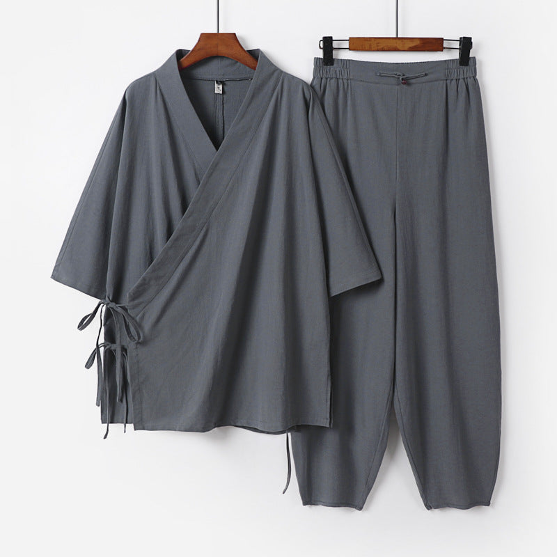 Unisex Lightweight Wrap Lounge Set in Kimono Style with Side Ties and Elastic Tapered Pants Chichicherry