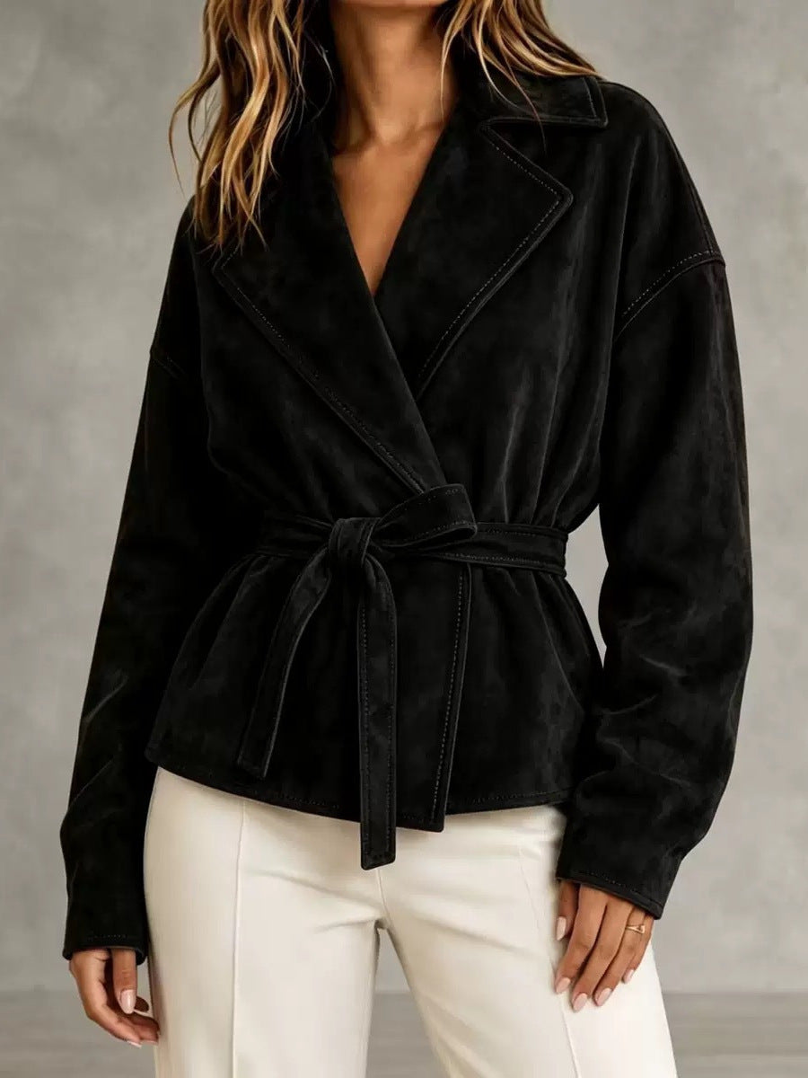 Women's Suede Blazer with Wrap Belt and Oversized Sleeves Chichicherry