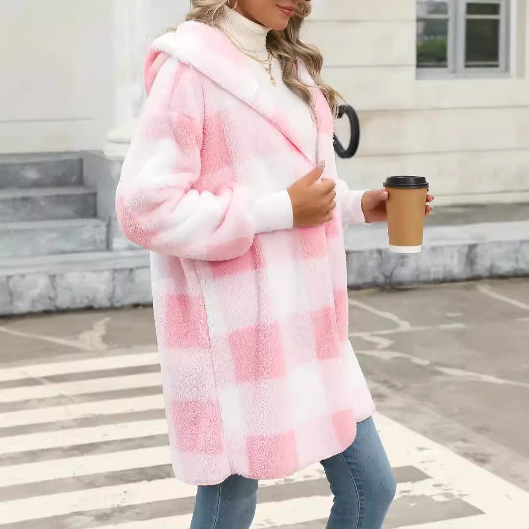 Women Oversize Checked Teddy Coat with Hood and Side Pockets Chichicherry