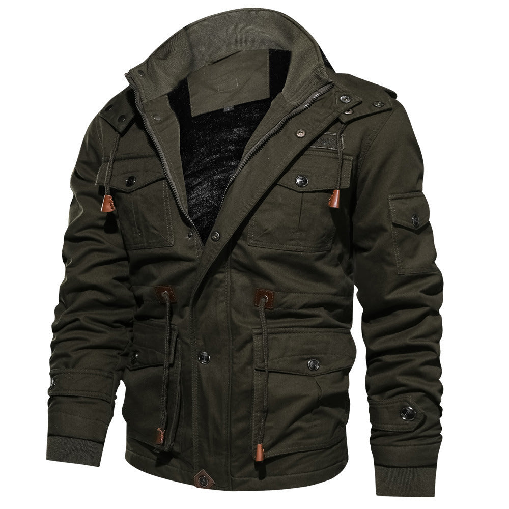 Men's multifunctional canvas field jacket with teddy fleece lining, hood, and utility pockets Chichicherry