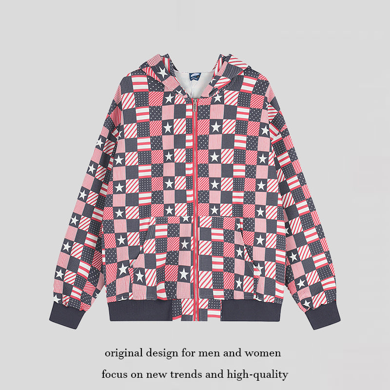 Women’s zip hoodie with allover patchwork stars and stripes pattern Chichicherry