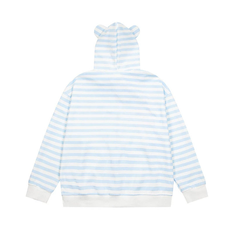 Women's Striped Hooded Sweat Jacket with Teddy Pendant, Ear Hood and Embroidery Detail Chichicherry