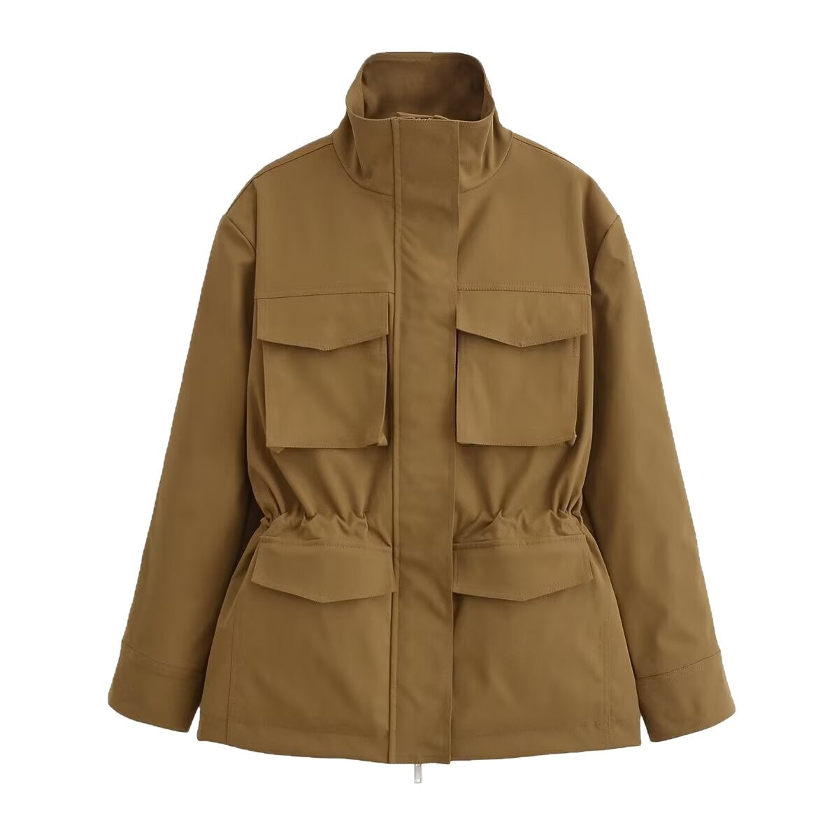 Women's utility jacket with drawstring waist, stand-up collar, and flap pockets Chichicherry