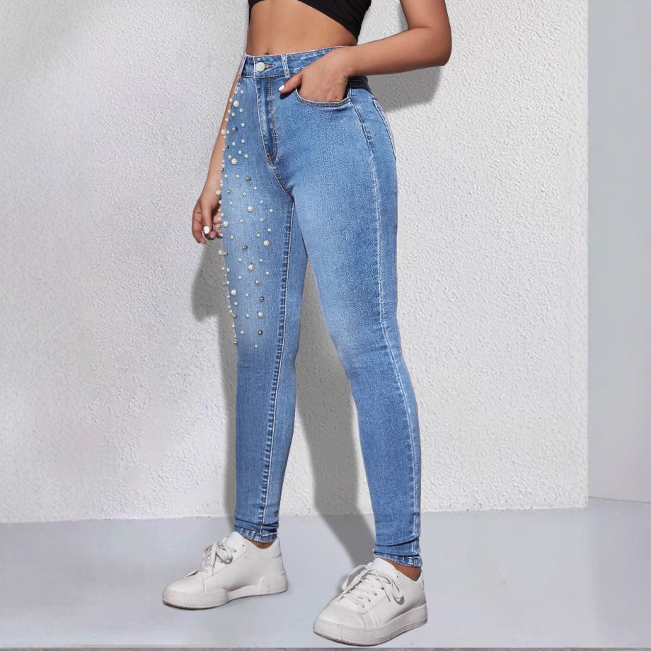 Women High-Rise Sculpting Skinny Jeans with Asymmetric Pearl Pattern Chichicherry