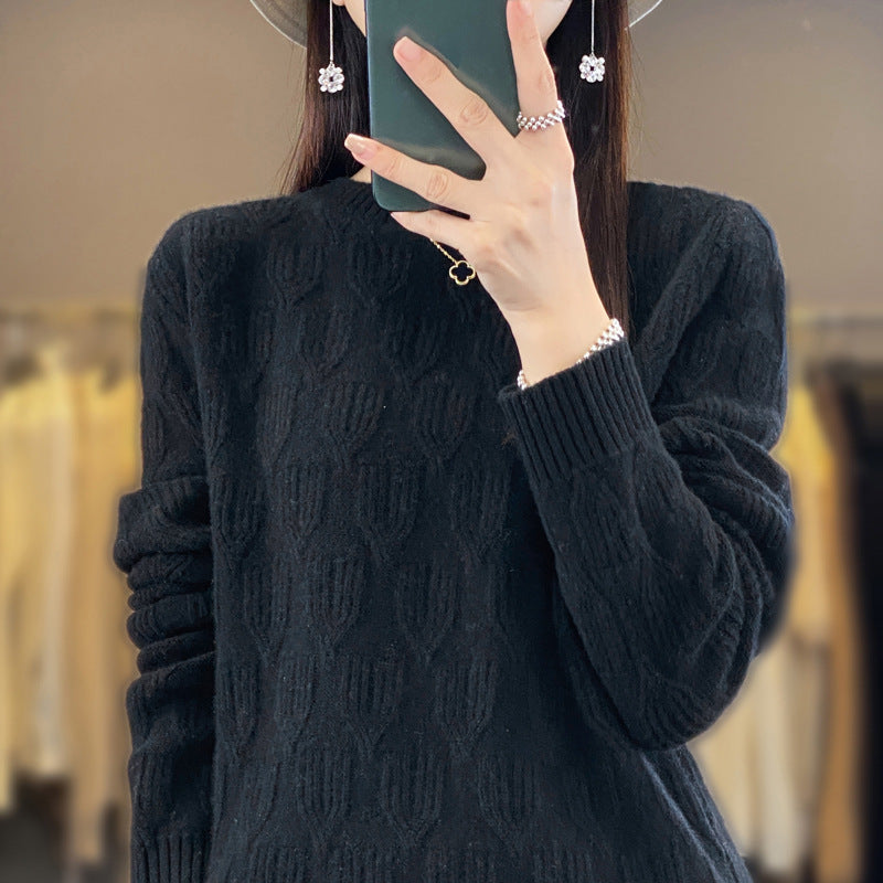 Women's Soft Mohair-Look Round Neck Sweater with Raised Tulip Texture Chichicherry