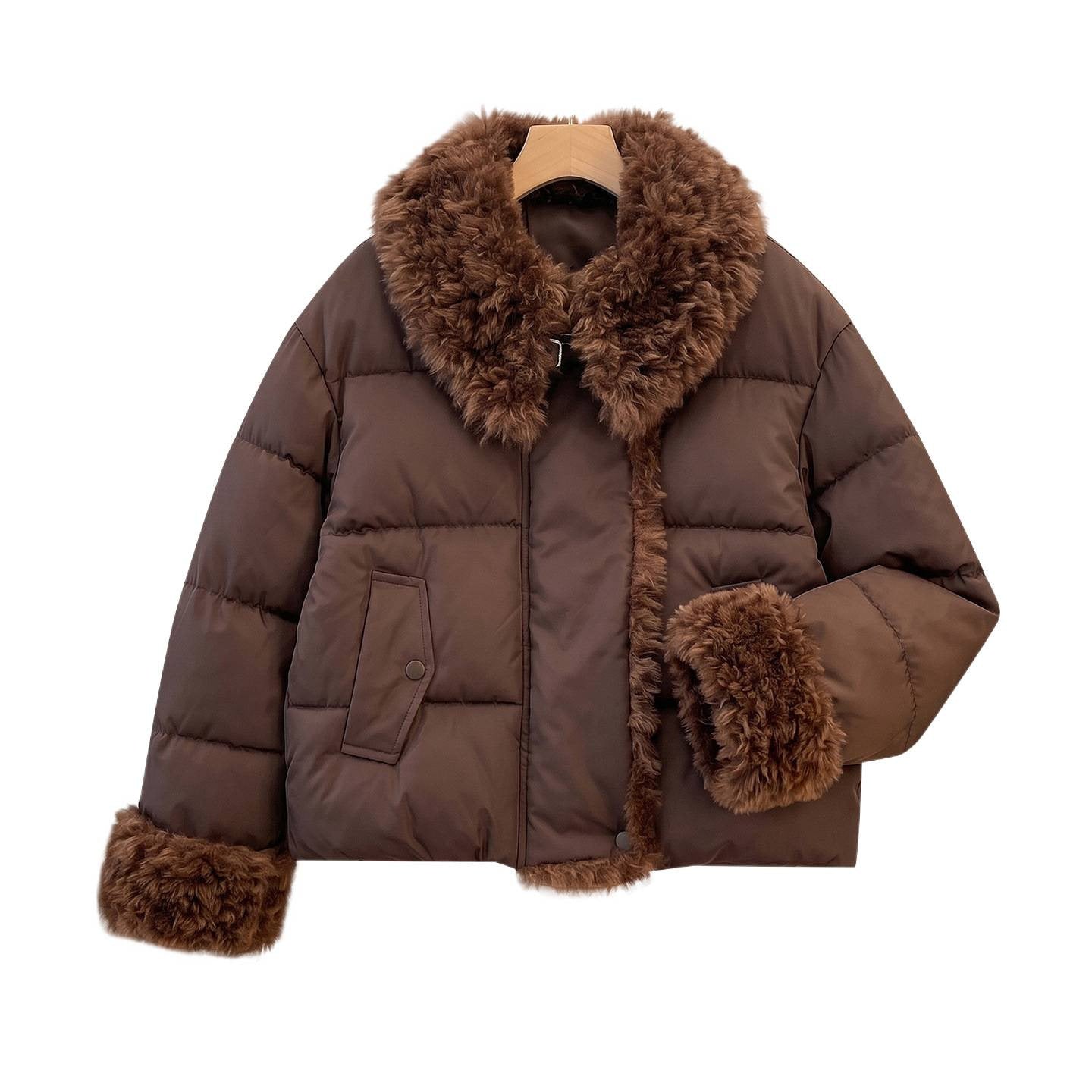 Women's fitted quilted jacket with voluminous teddy collar and detachable pom-pom details Chichicherry