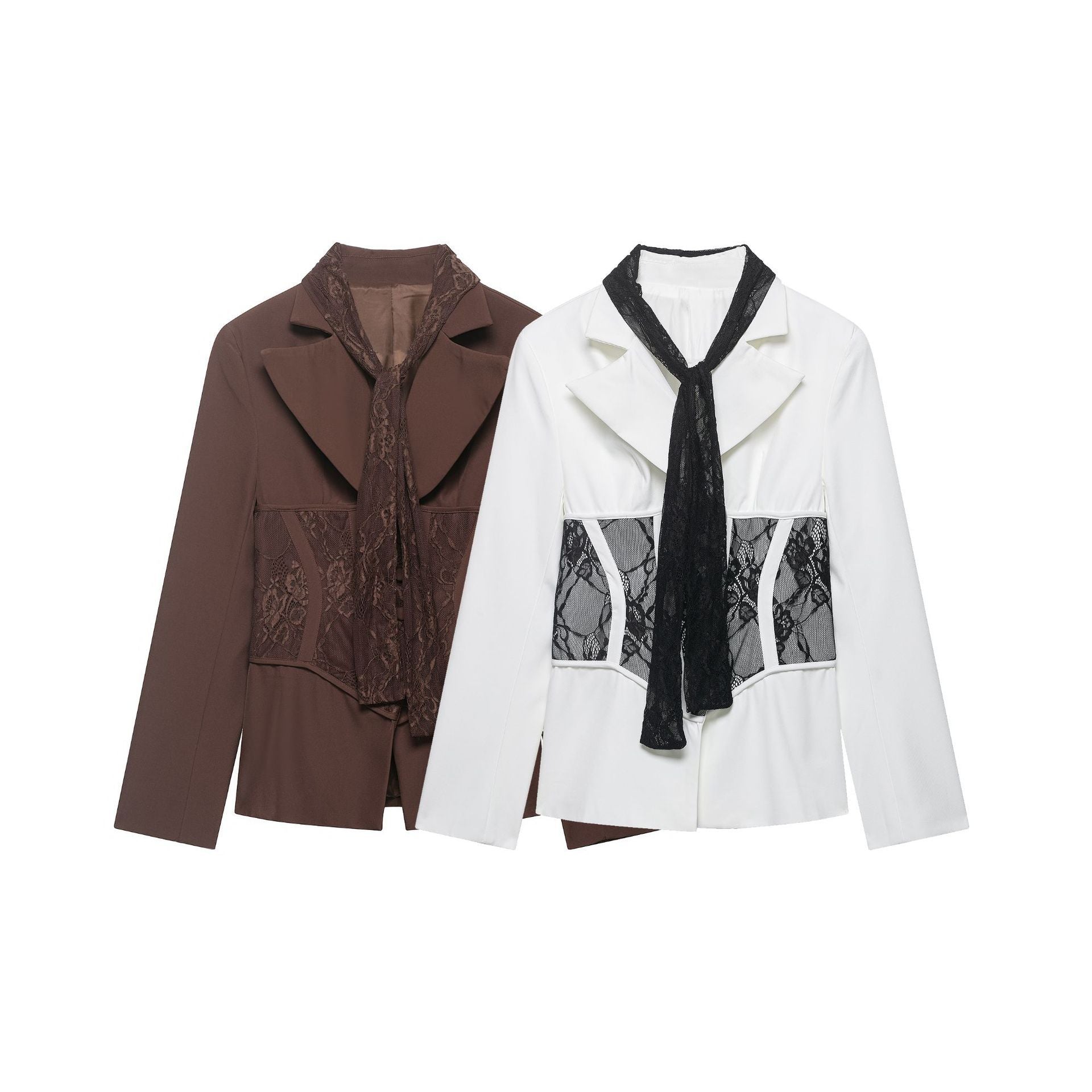 Women Tailored Blazer with Lace Inserts and Integrated Lace Scarf Chichicherry
