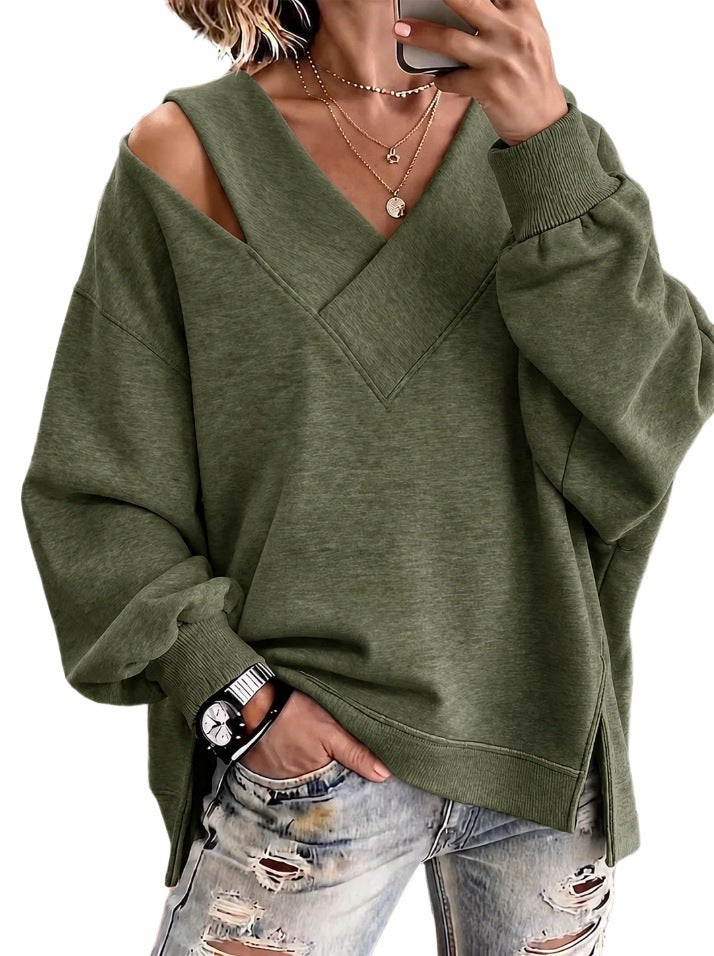 Women's Oversize Sweatshirt with V-Neck and Cut-Out Shoulder Chichicherry