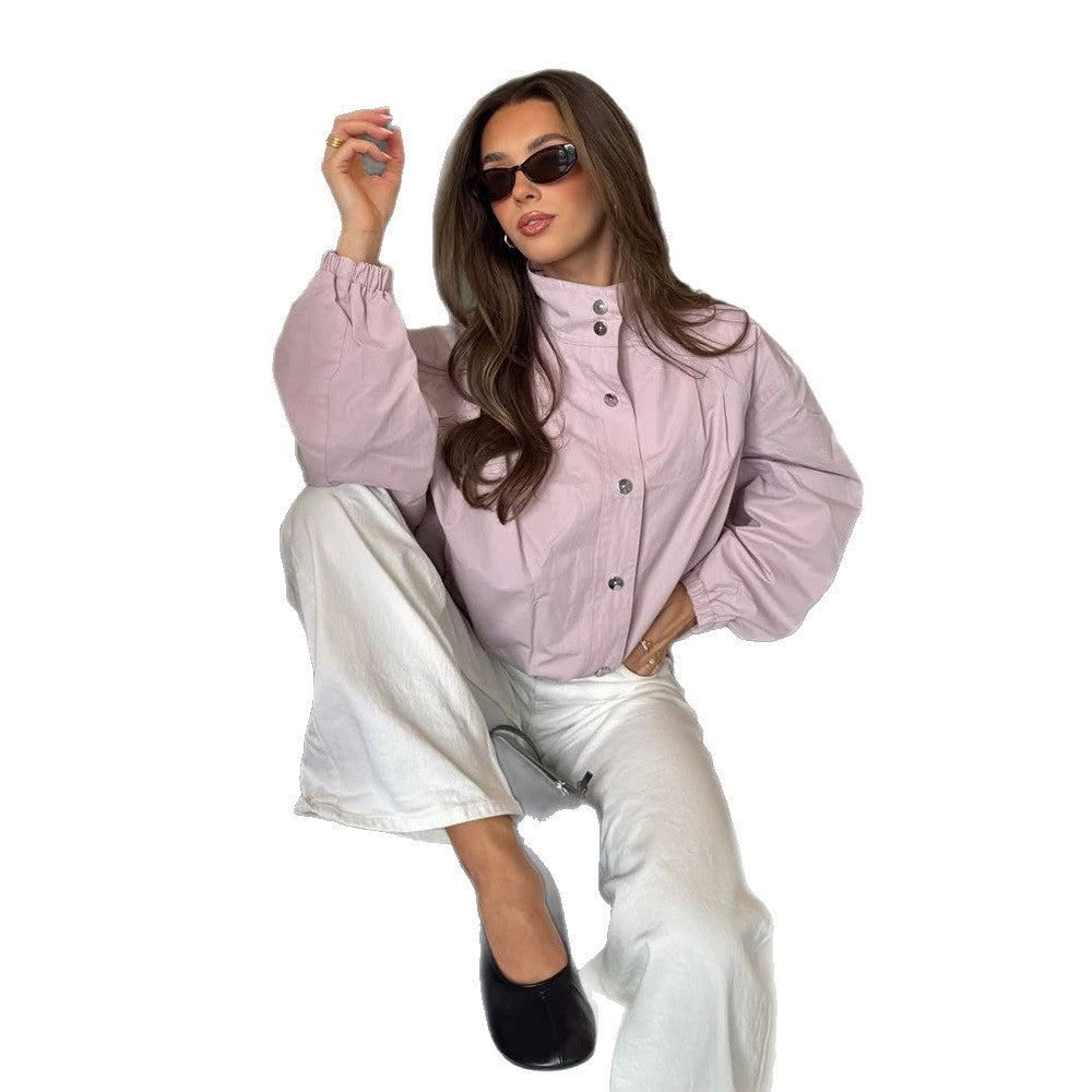 Ladies Short Boxy Bomber Jacket with Stand Collar and Snap Button Closure Chichicherry