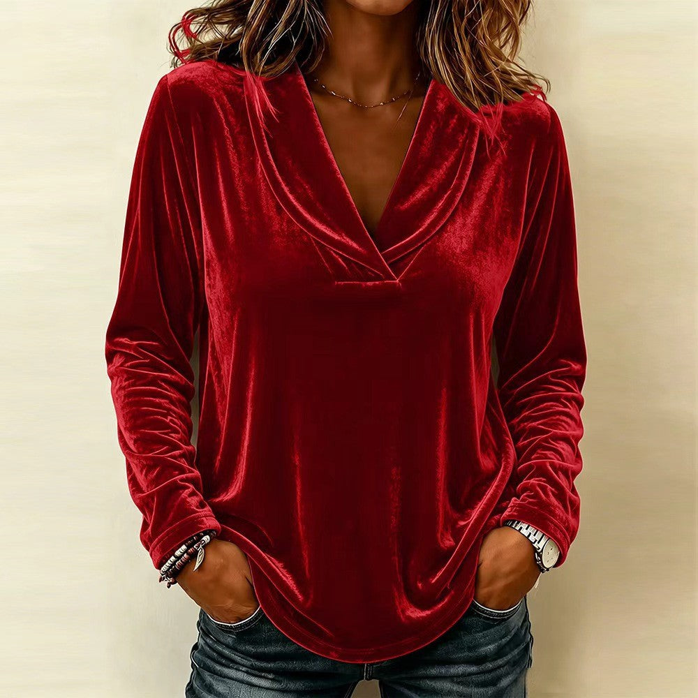 Damen Samt-Relaxshirt mit Schalkragen, V-Ausschnitt und legere Oversize-Passform Chichicherry