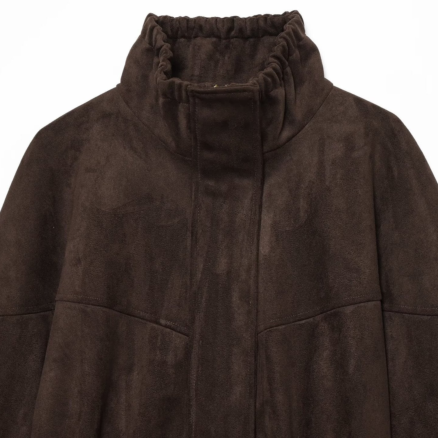 Women's short bomber-style jacket in velour look with high funnel collar and waist belt Chichicherry