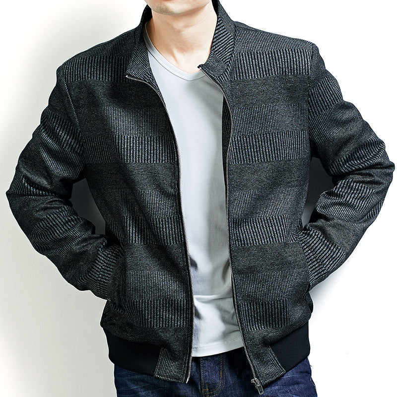 Men's Structured Bomber Jacket with Fine Stripe Texture and Concealed Zipper Chichicherry