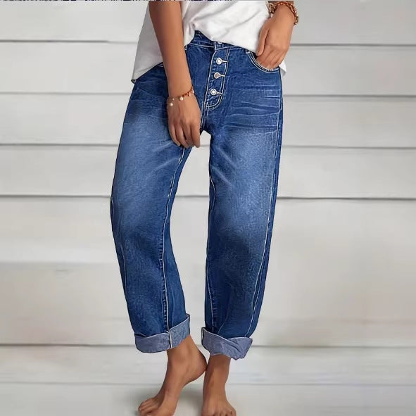Ladies High-Waist Relaxed-Fit Jeans in Boyfriend Style with Visible Button Placket and Rolled Hem Chichicherry