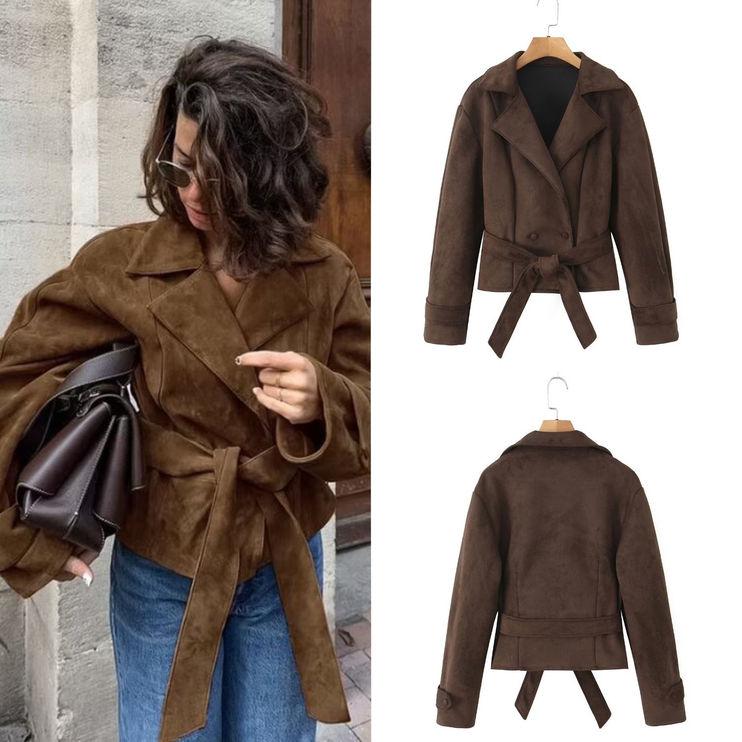Women's Short Suede Look Jacket with Waist Belt and Lapel Collar Chichicherry