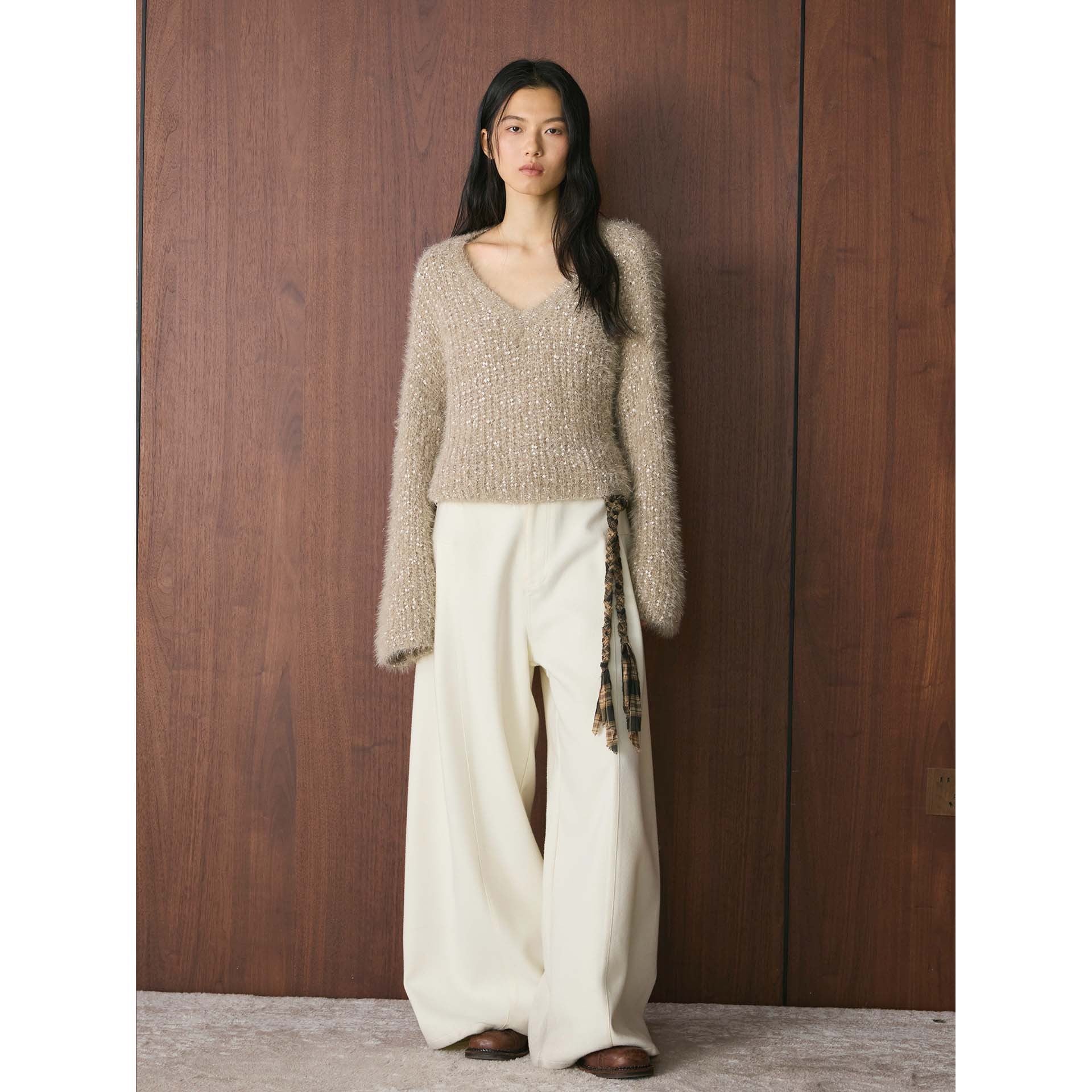 Women Fluffy Mohair-Look V-Neck Sweater with Glitter Threads Chichicherry