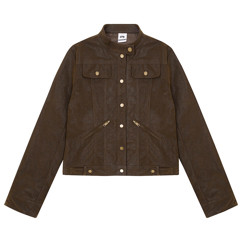 Women Short Cut Faux Leather Jacket in Vintage Moto Style Chichicherry