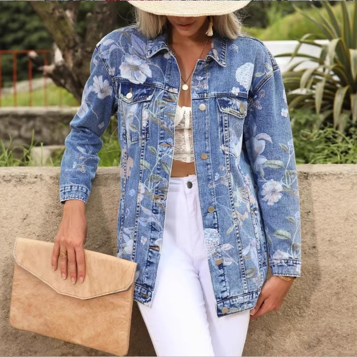 Women’s Longer Denim Jacket with Floral Allover Print, Chest Flap Pockets, and Casual Oversized Fit Chichicherry
