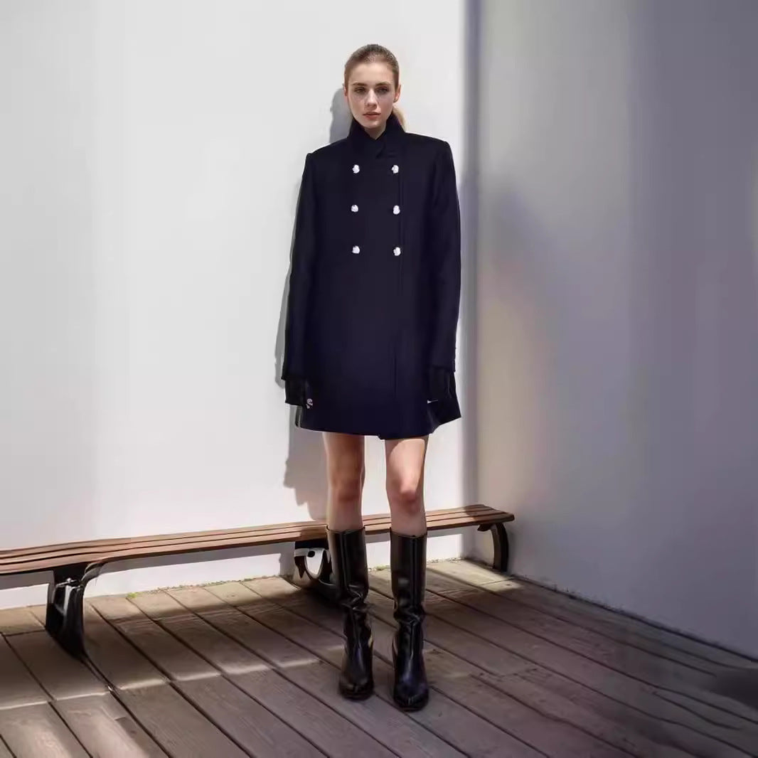 Women's Double-Breasted Coat with Stand-Up Collar and Decorative Buttons Chichicherry