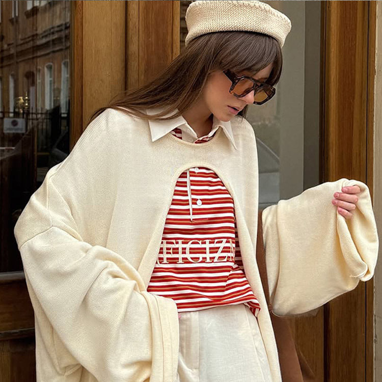 Women's Oversize Cape Cardigan with Wide Trumpet Sleeves and Open Front Design Chichicherry