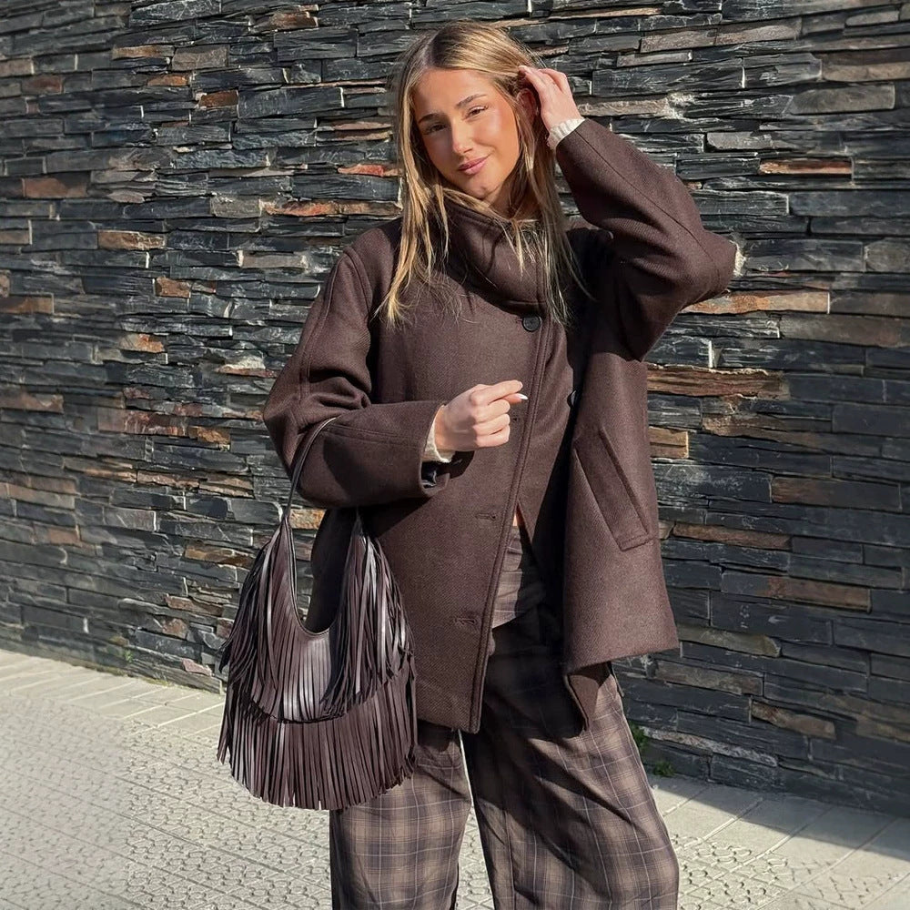 Women Longer Wool Blend Coat with Oversized Cut and Wide Lapel Chichicherry