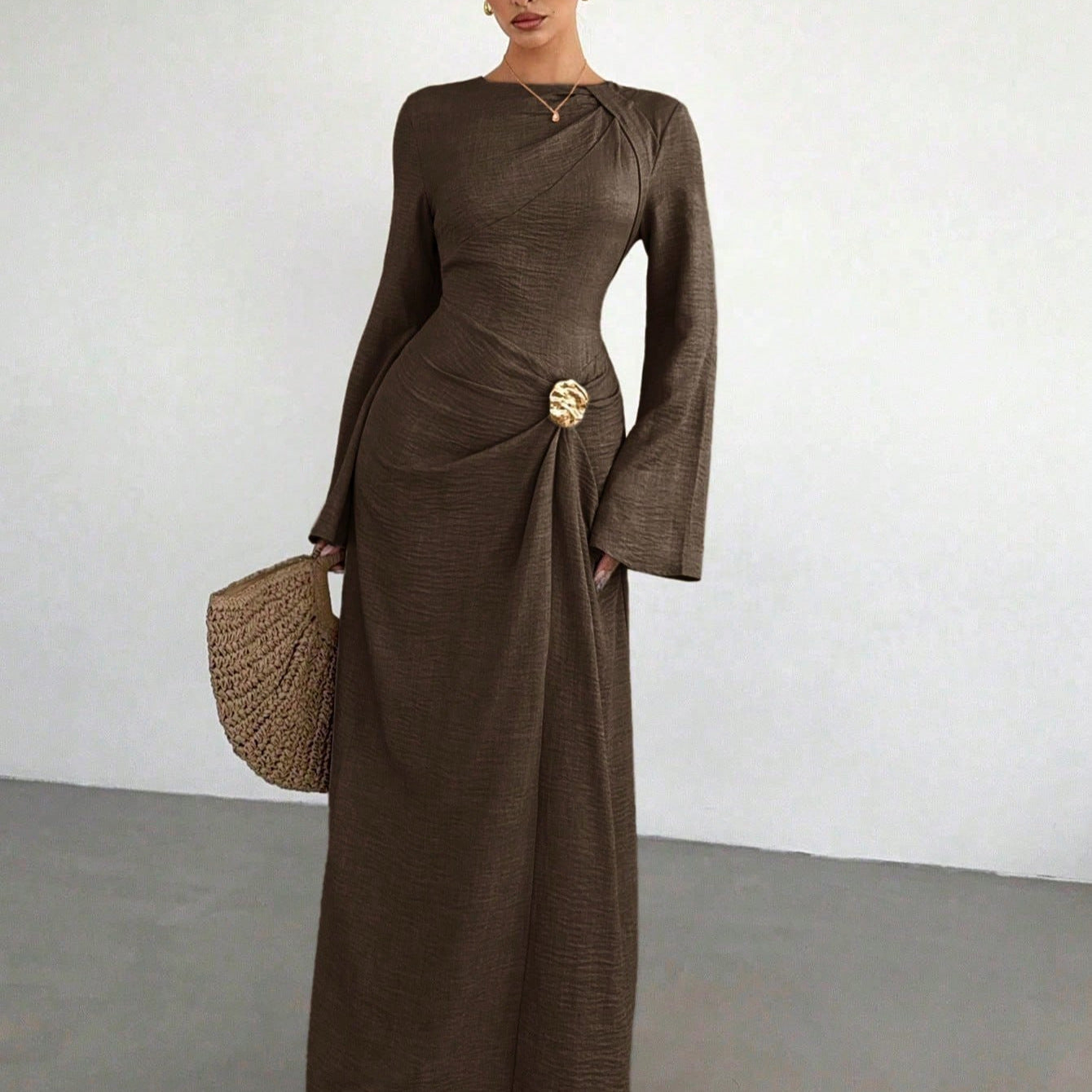 Ladies max dress with draping, decorative brooch and wide trumpet sleeves Chichicherry