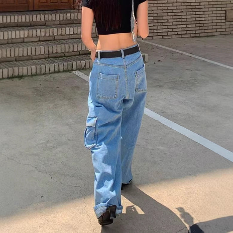 Women Extra Wide Baggy Jeans with Cargo Patches and Low Waist Chichicherry
