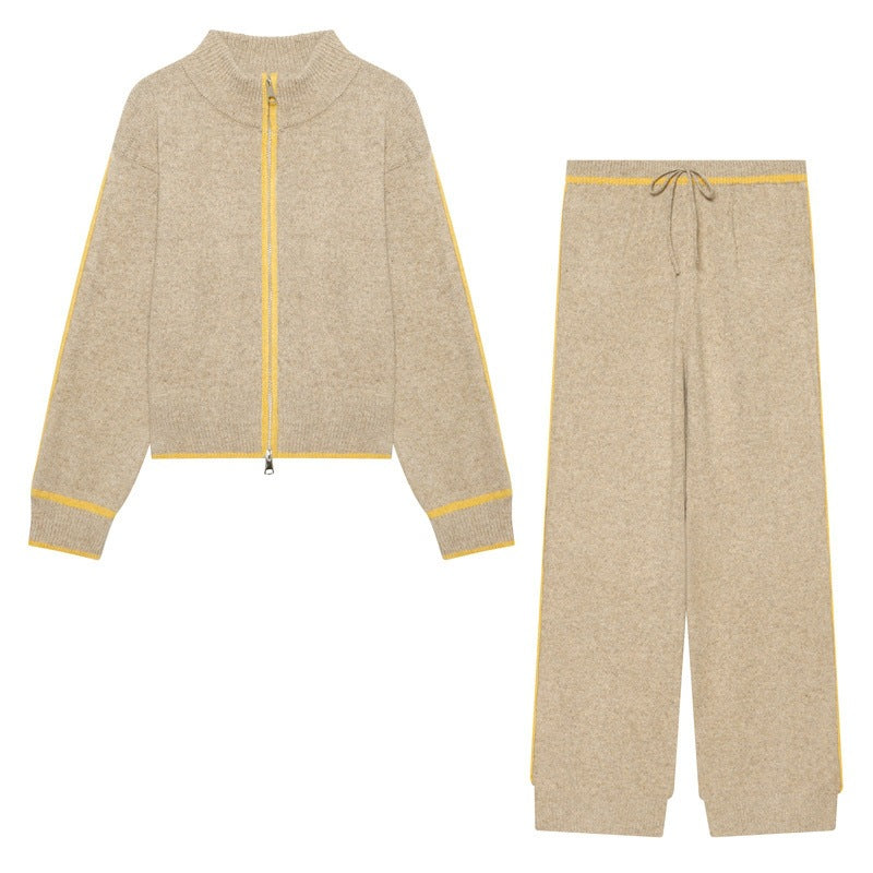 Women Two-Piece Knit Loungewear Set with Short Zip Cardigan and High Waist Palazzo Pants Chichicherry