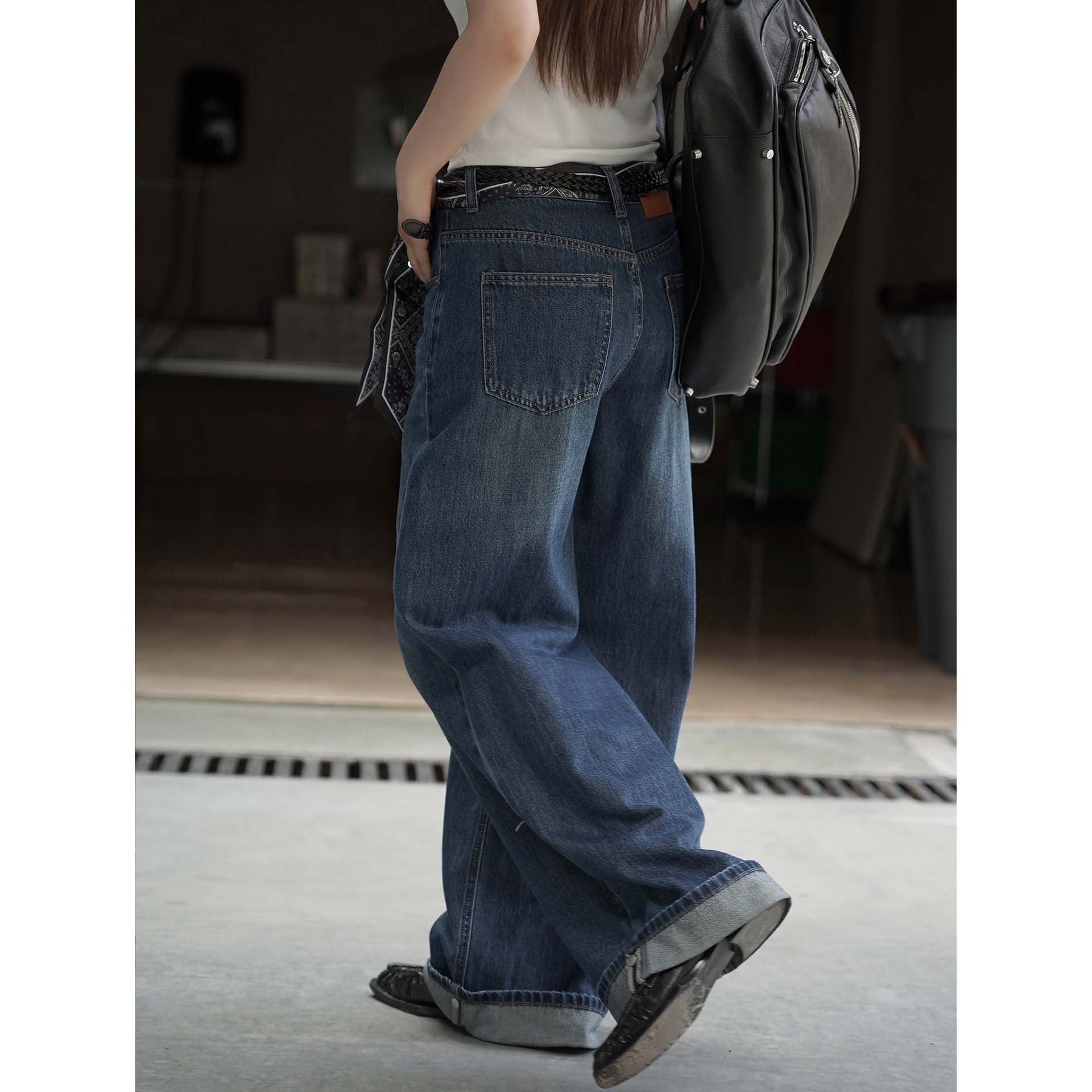 Women Extra Wide Denim Baggy Pants with Deep Crotch, Rolled Hem and Palazzo Fall Chichicherry