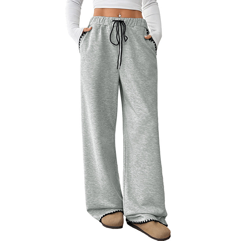 Women's Wide Relax Fleece Pants with High Waist, Drawstring and Decorative Stitch Details Chichicherry
