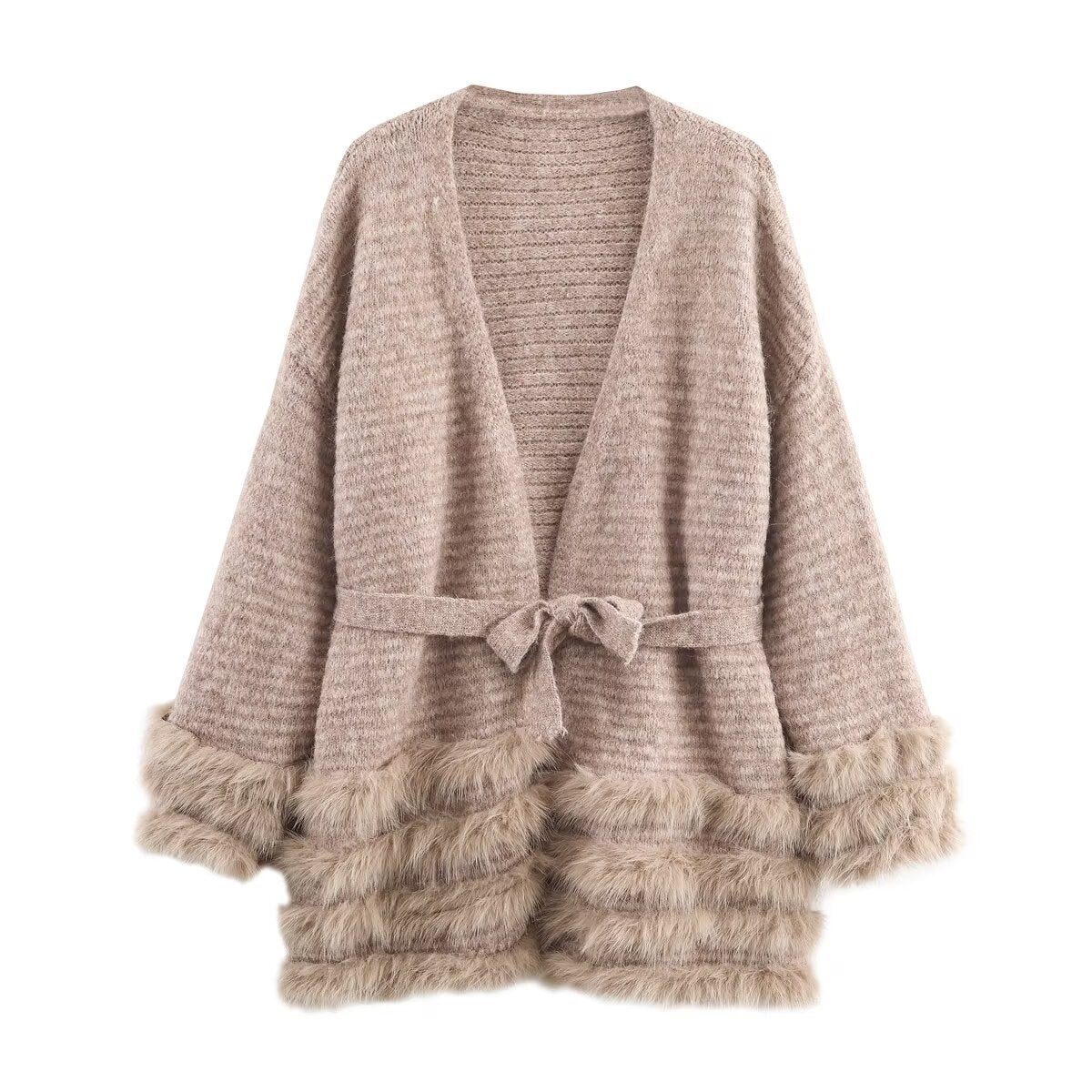 Women's Knit Cardigan with Tie Belt and Faux Fur Trim Chichicherry