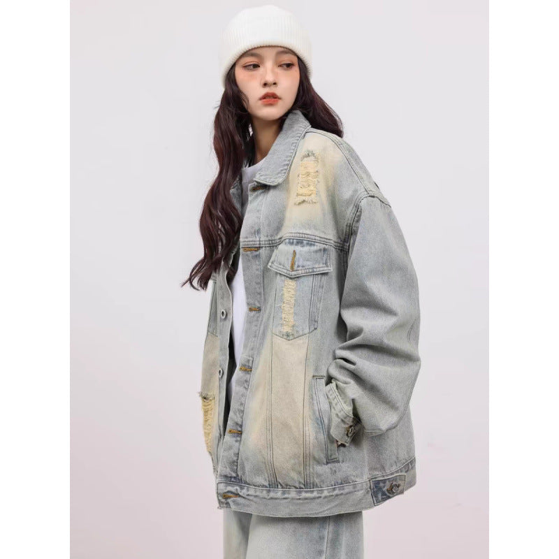 Unisex Vintage-Style Denim-Worker-Jacke mit Repair-Details und geradem Schnitt Chichicherry
