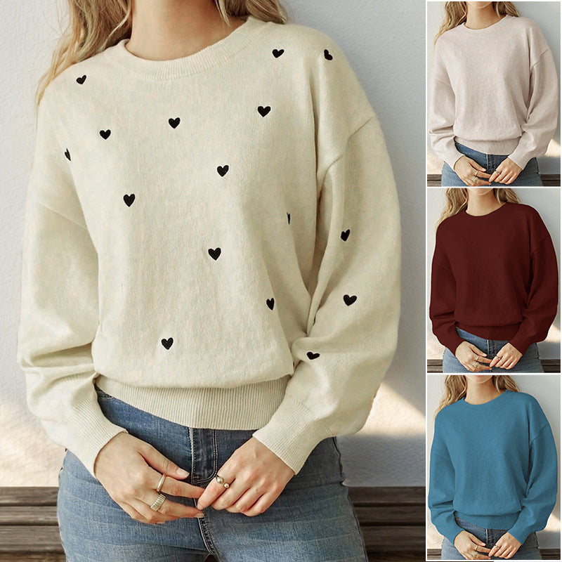 Women's Loose Fine Knit Sweater with Heart Allover, Round Neckline and Elastic Hem
