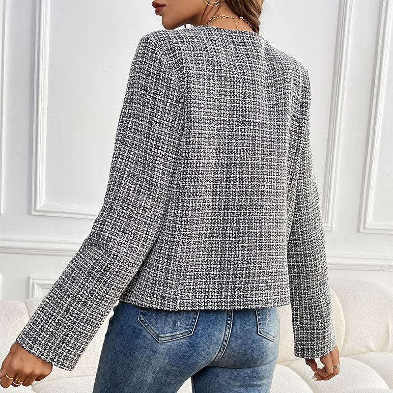 Women's short blazer in bouclé tweed with round neckline & golden decorative buttons Chichicherry