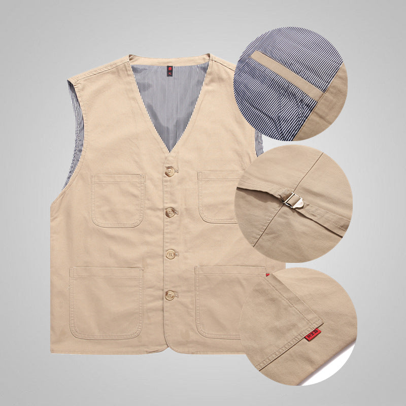 Men's Cotton Canvas Utility Vest with Striped Lining and Patch Pockets Chichicherry