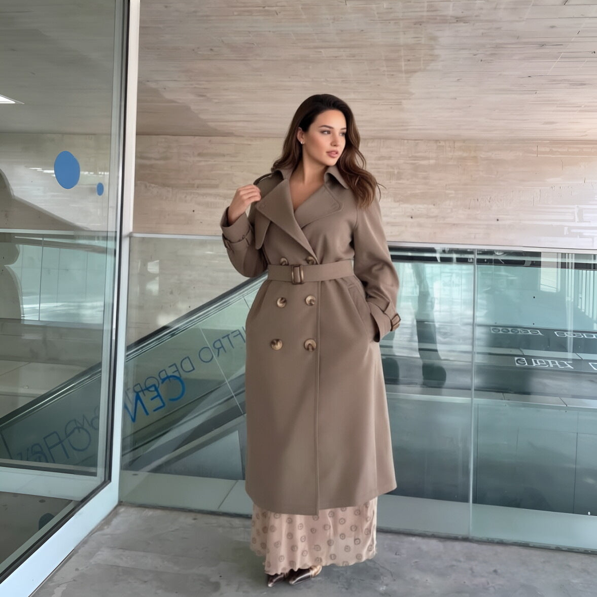 Women’s Long Double-Breasted Trench Coat with Waist Belt and Epaulettes Chichicherry