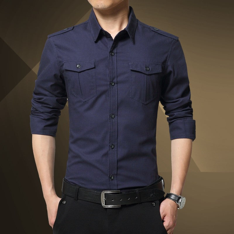 Men's Slim-Fit Cotton-Blend Utility Shirt with Shoulder Flaps and Chest Patch Pockets Chichicherry