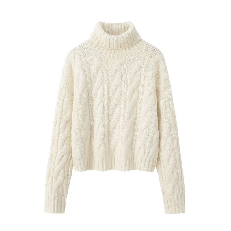 Ladies Short-Cut Cable Knit Turtleneck Sweater with Boxy Silhouette Chichicherry