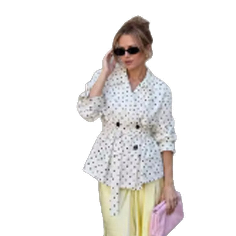 Women’s short trench coat with double breasted front, belt at the waist and polka dot print Chichicherry
