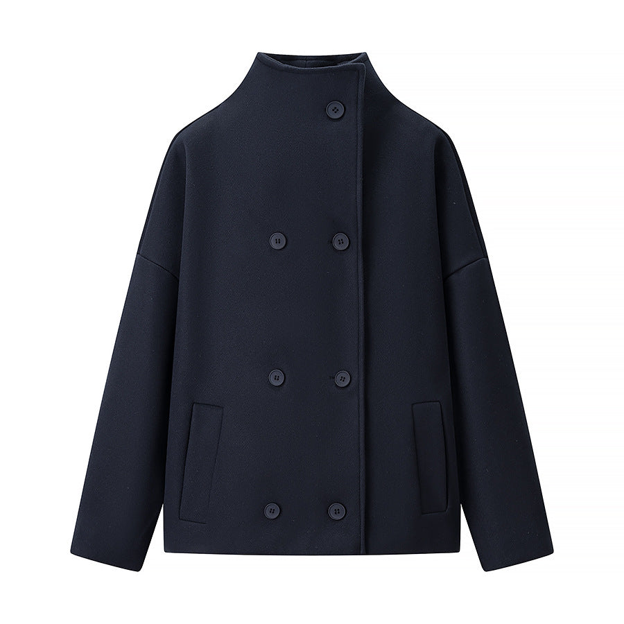 Ladies short double-breasted oversized boxy jacket with stand-up collar and side pockets Chichicherry