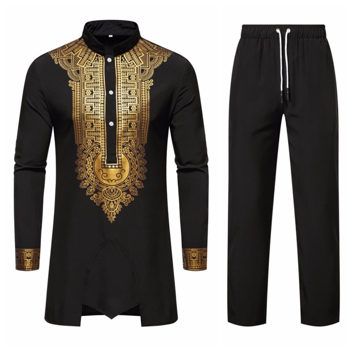 Men's Traditional Tunic Set with Stand-Up Collar and Gold Ornament Print, Long Shirt & Drawstring Pants Chichicherry